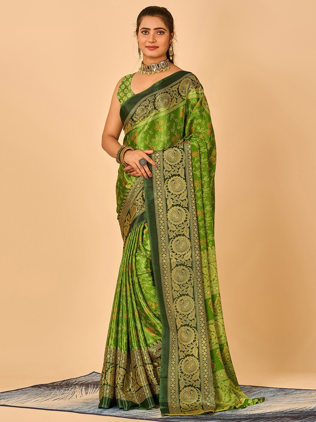 

NIRMAL CREATION Floral Printed Pure Crepe Saree, Green