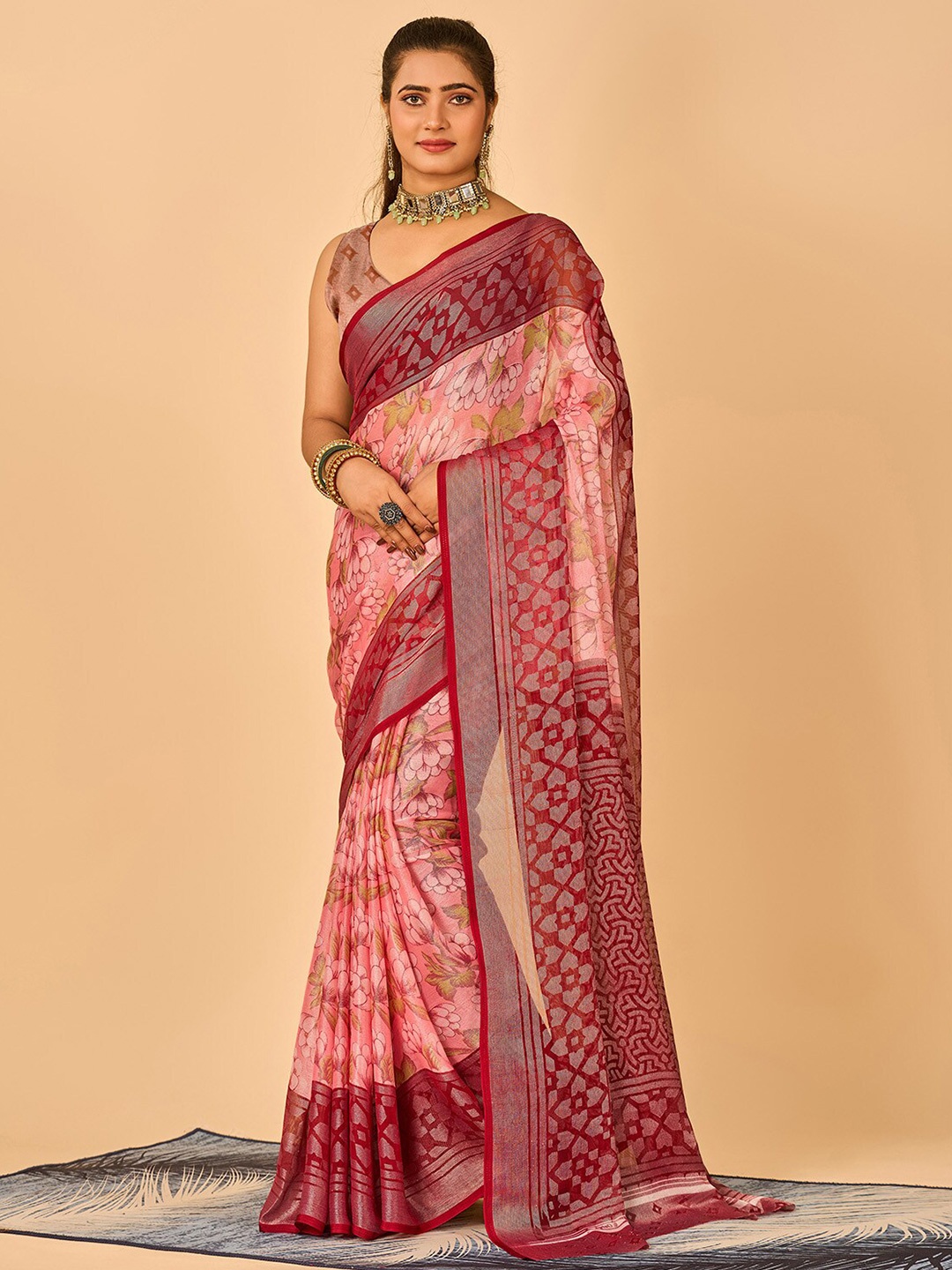 

NIRMAL CREATION Floral Printed Brasso Saree, Pink