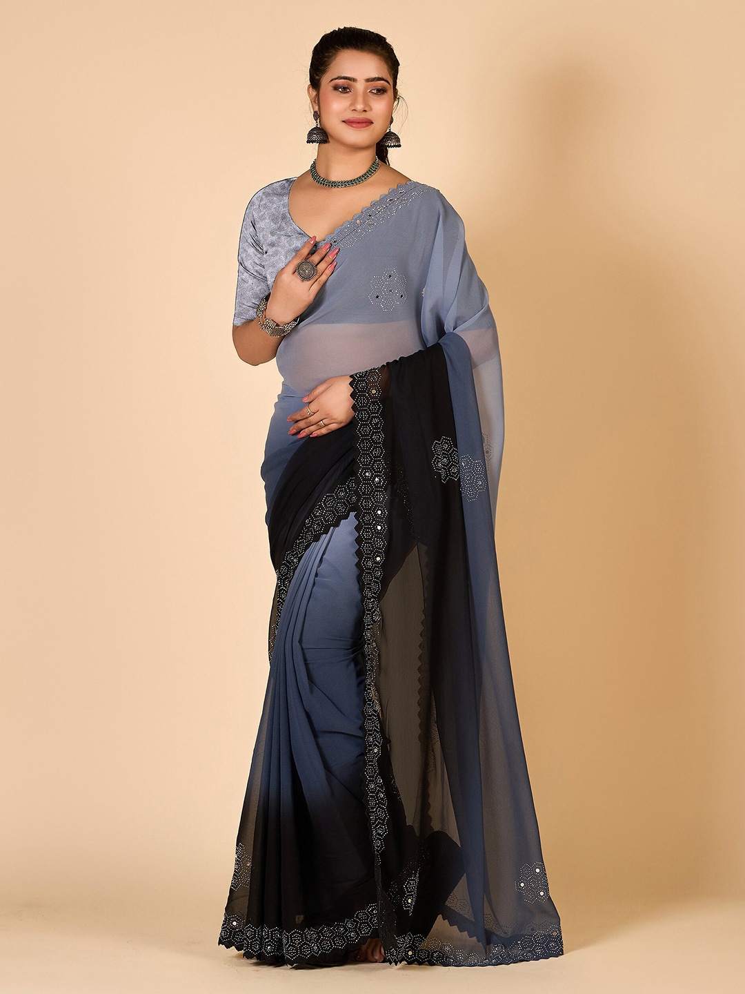 

NIRMAL CREATION Ombre Sequinned Pure Chiffon Saree, Grey