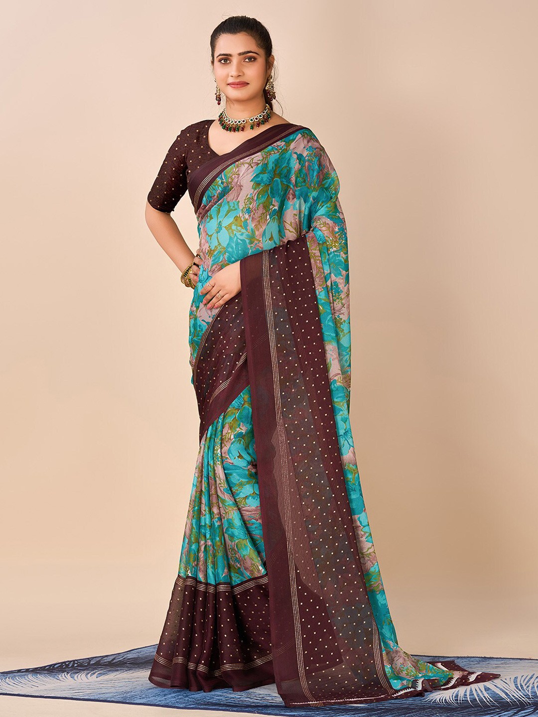 

NIRMAL CREATION Floral Saree, Turquoise blue