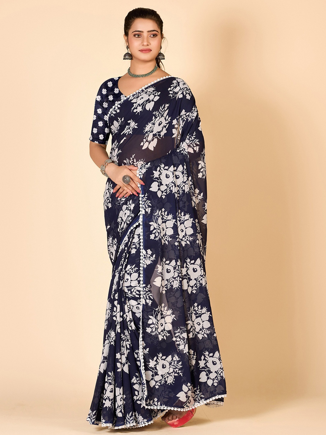 

NIRMAL CREATION Floral Printed Pure Georgette Saree, Navy blue