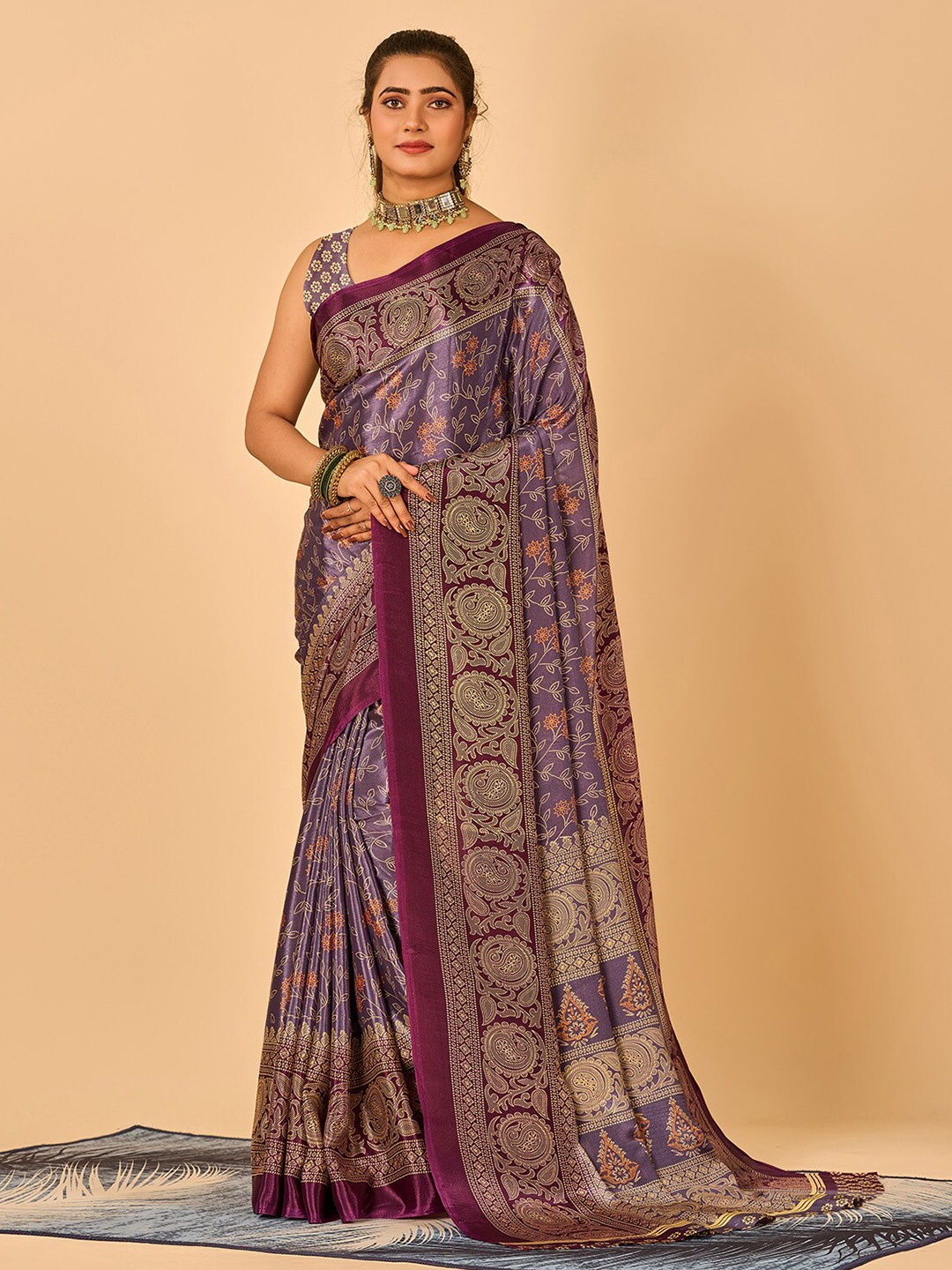 

NIRMAL CREATION Floral Pure Crepe Saree, Beige