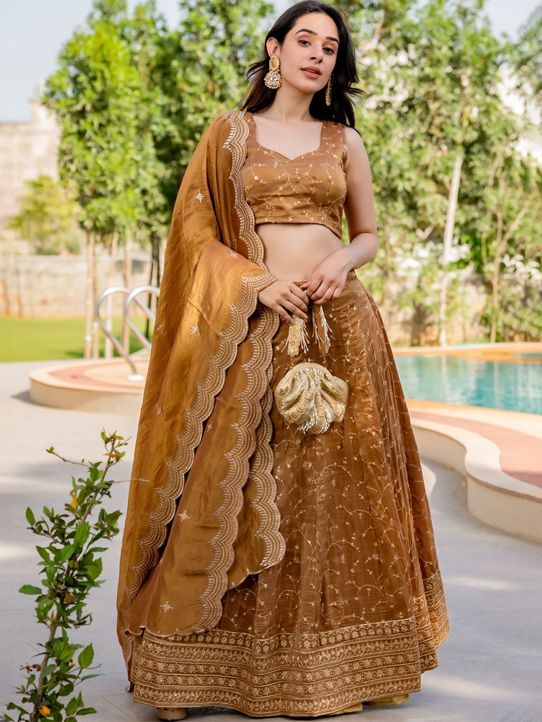 

HOUSE OF JAMOTI Embroidered Sequinned Ready to Wear Lehenga & Blouse With Dupatta, Gold