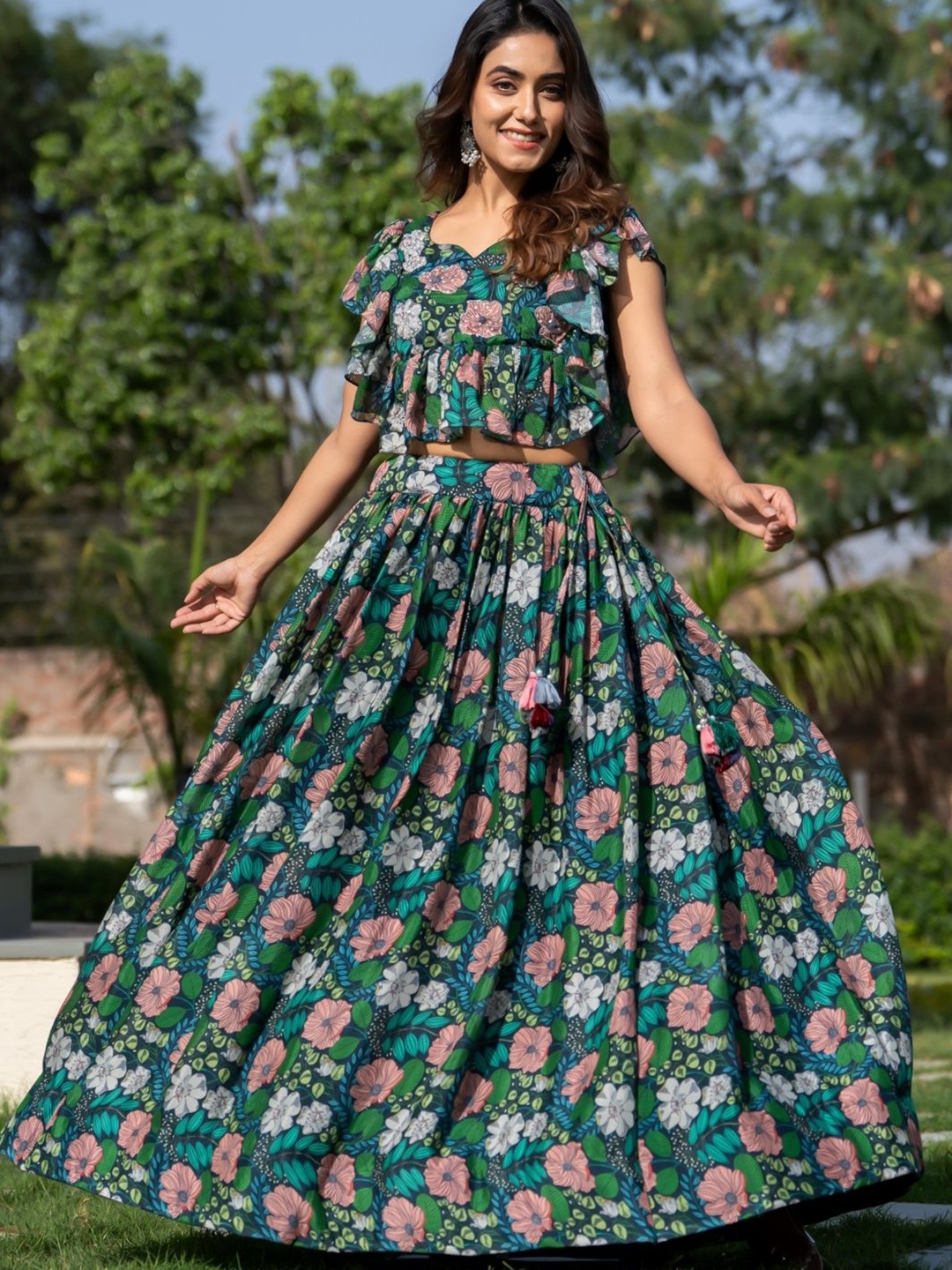 

HOUSE OF JAMOTI Printed Ready to Wear Lehenga Choli, Green