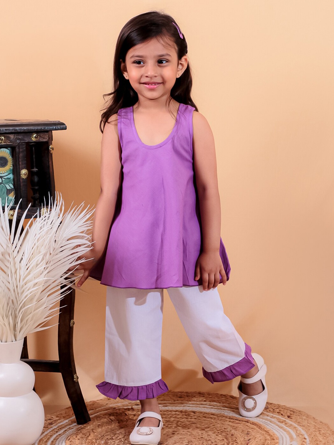 

JUNITOS Girls Pure Cotton Top & Pyjama With Frill, Purple