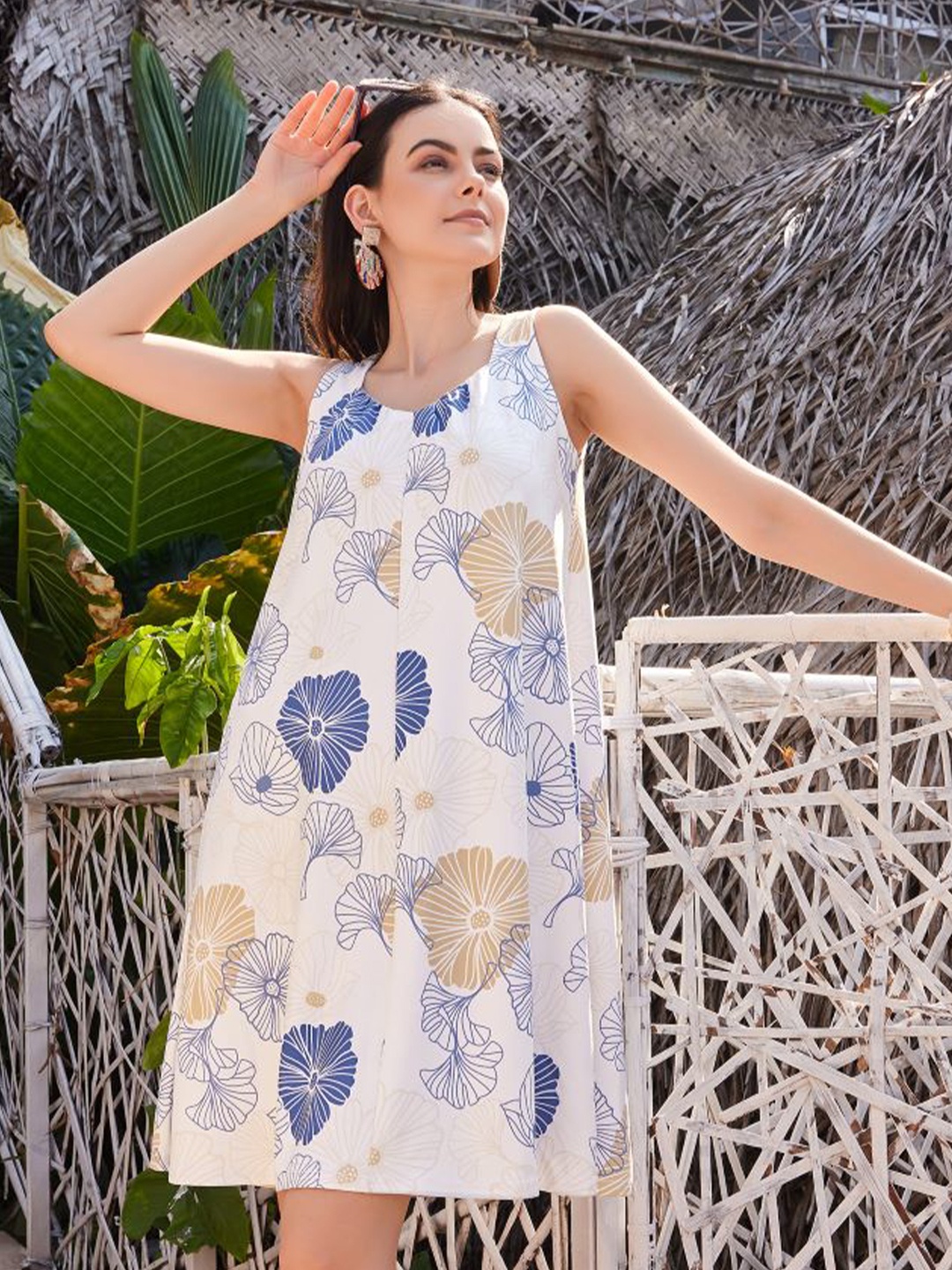

PURVAJA Floral Print Round Neck A-Line Midi Dress, Off white