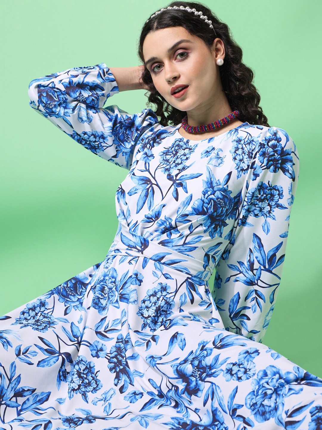 

PURVAJA Floral Print Puff Sleeves Fit & Flare Dress, Blue