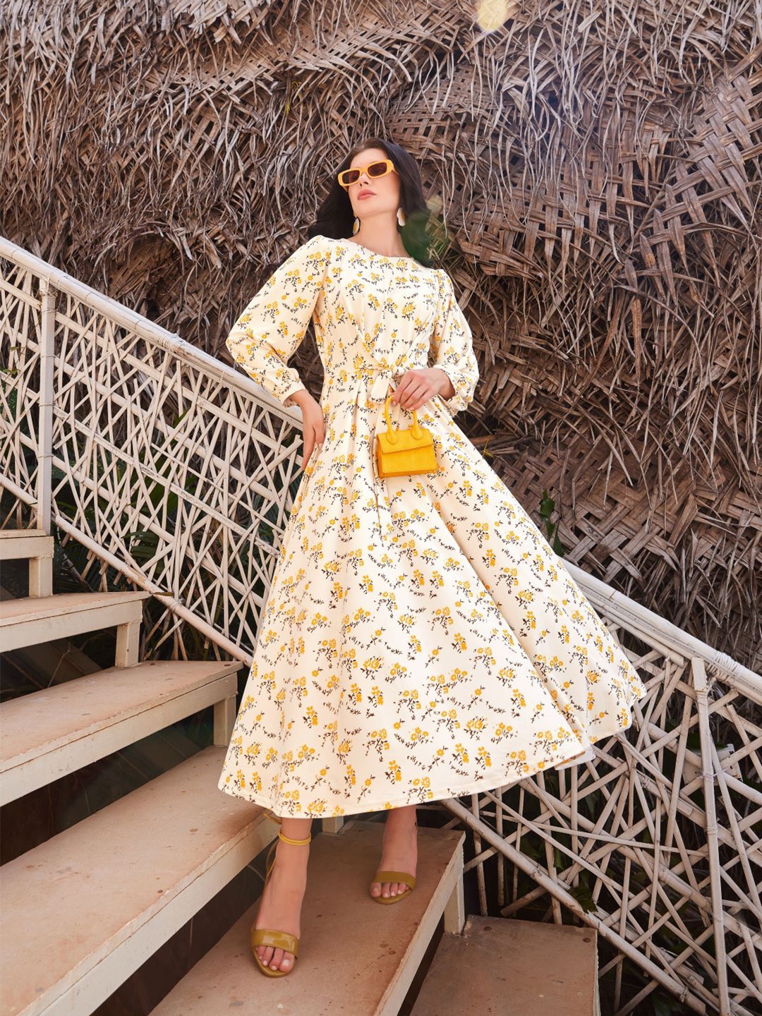 

PURVAJA Ethnic Motifs Print Long Sleeves Round Neck Fit & Flare Dress, Yellow