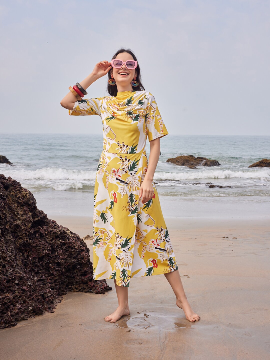 

PURVAJA Floral Print Kimono Sleeve Cowl Neck Fit and Flare Midi Dress, Yellow