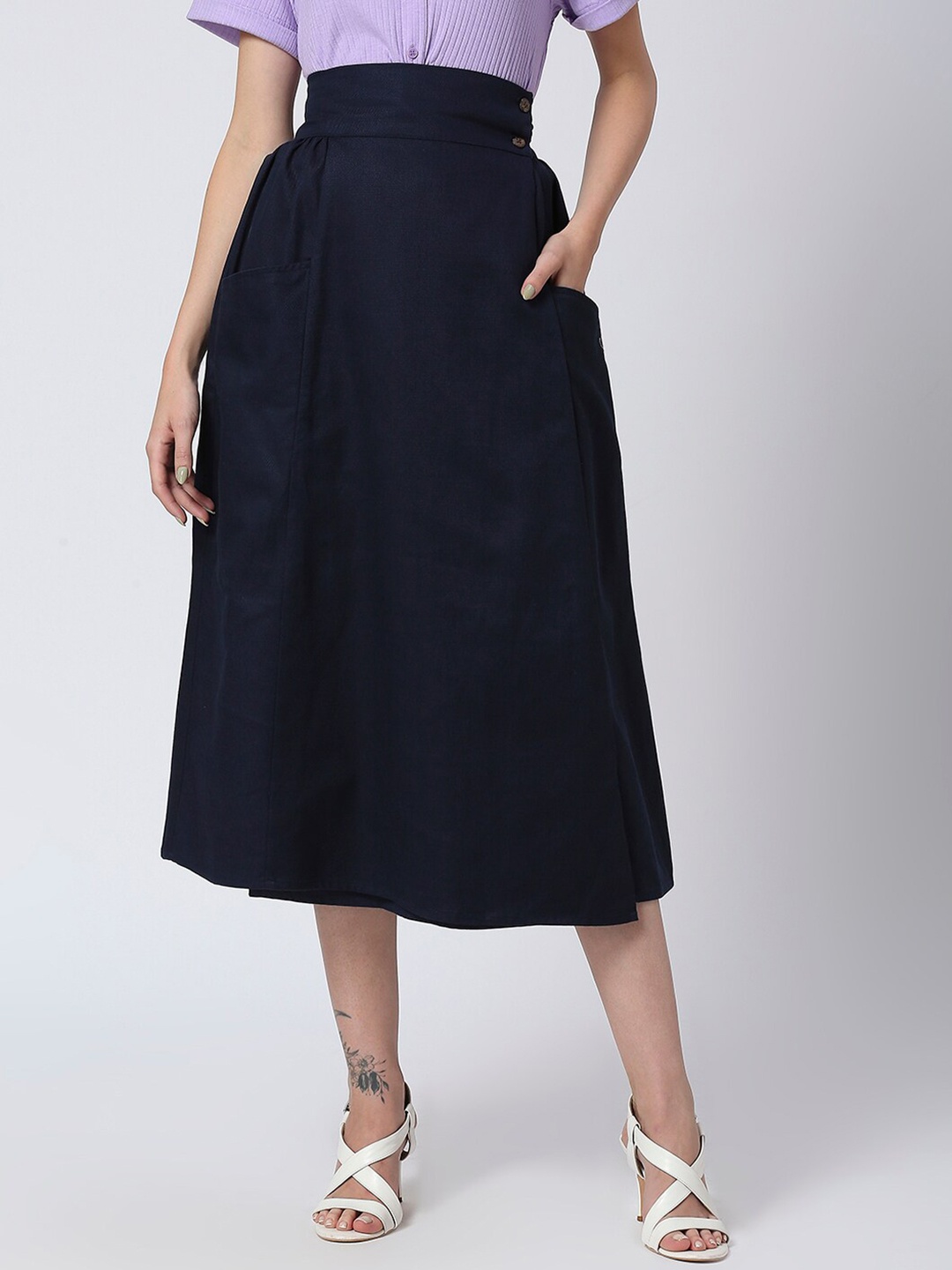 

Being Human Woven Cotton Flared Midi Skirt, Blue