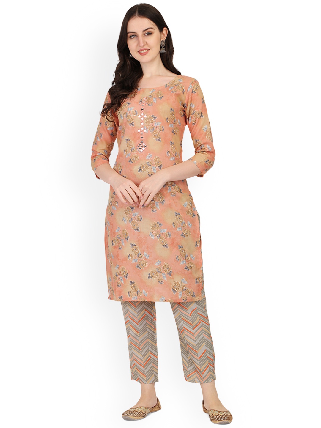 

BERISTON Floral Printed Regular Pure Cotton Straight Kurta With Trousers, Peach