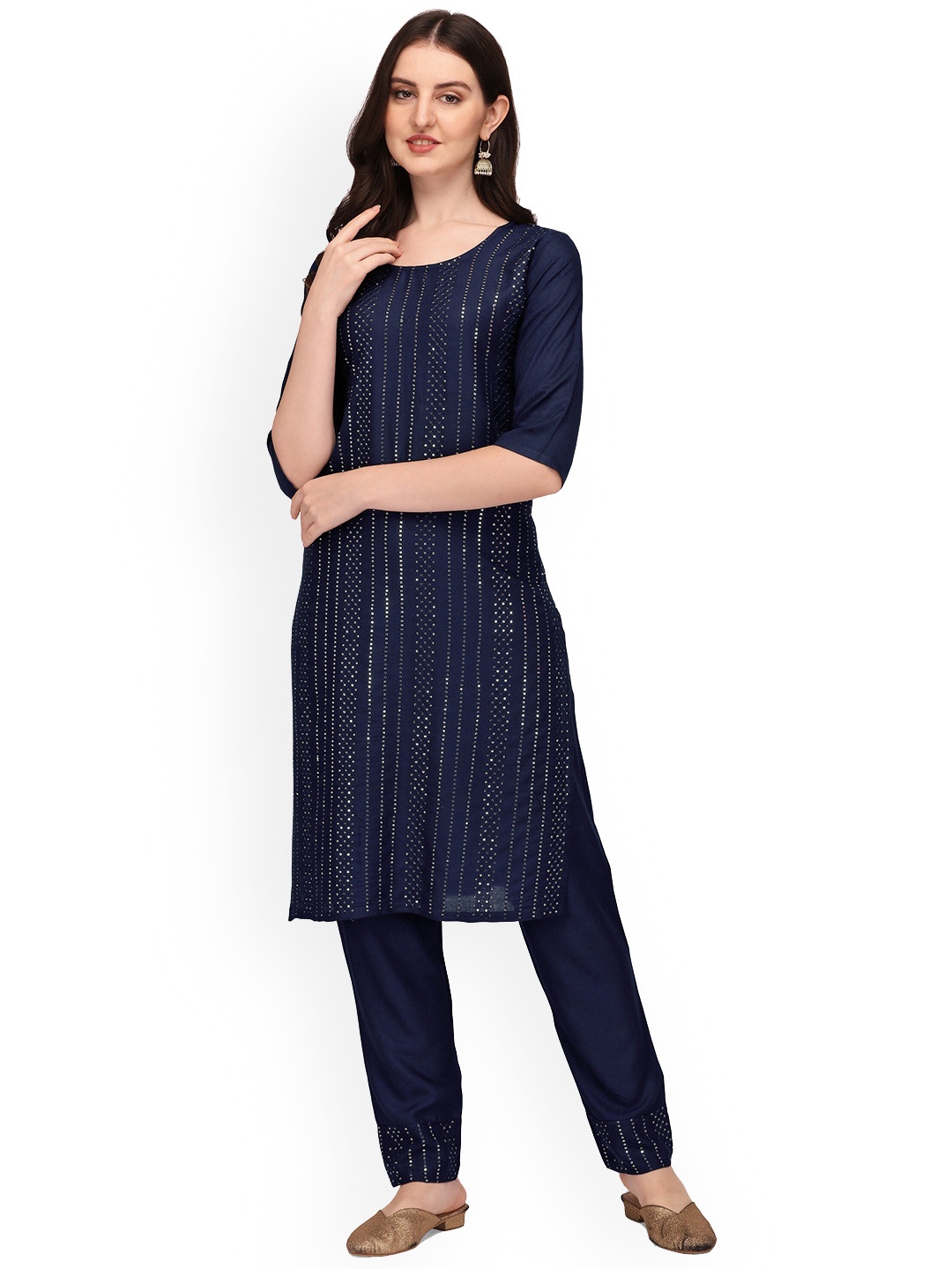 

BERISTON Round Neck Embroidered Regular Sequinned Kurta with Trousers, Blue