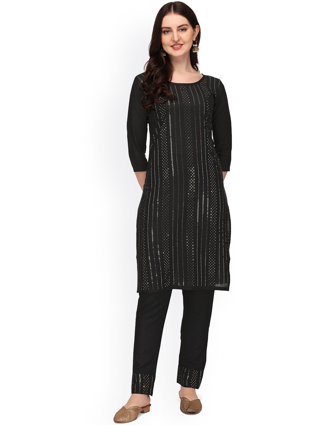 

BERISTON Women Ethnic Motifs Embroidered Regular Sequinned Straight Kurta With Trousers, Black