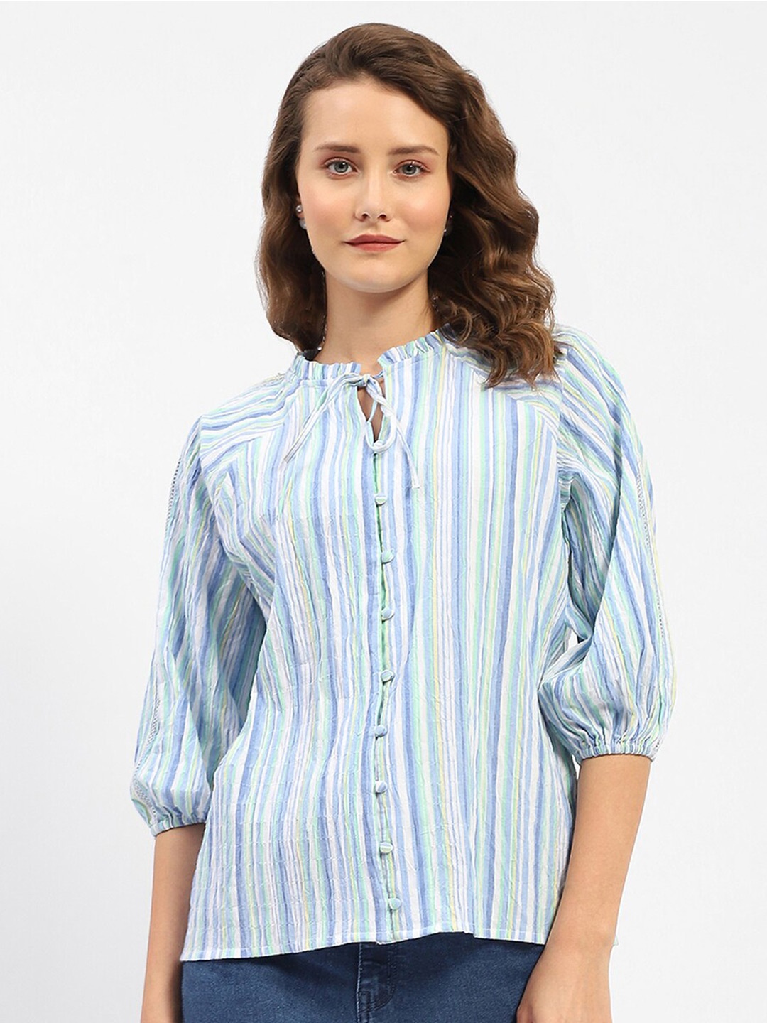 

Madame Striped Tie-Up Neck Puff Sleeve Cotton Shirt Style Top, Blue