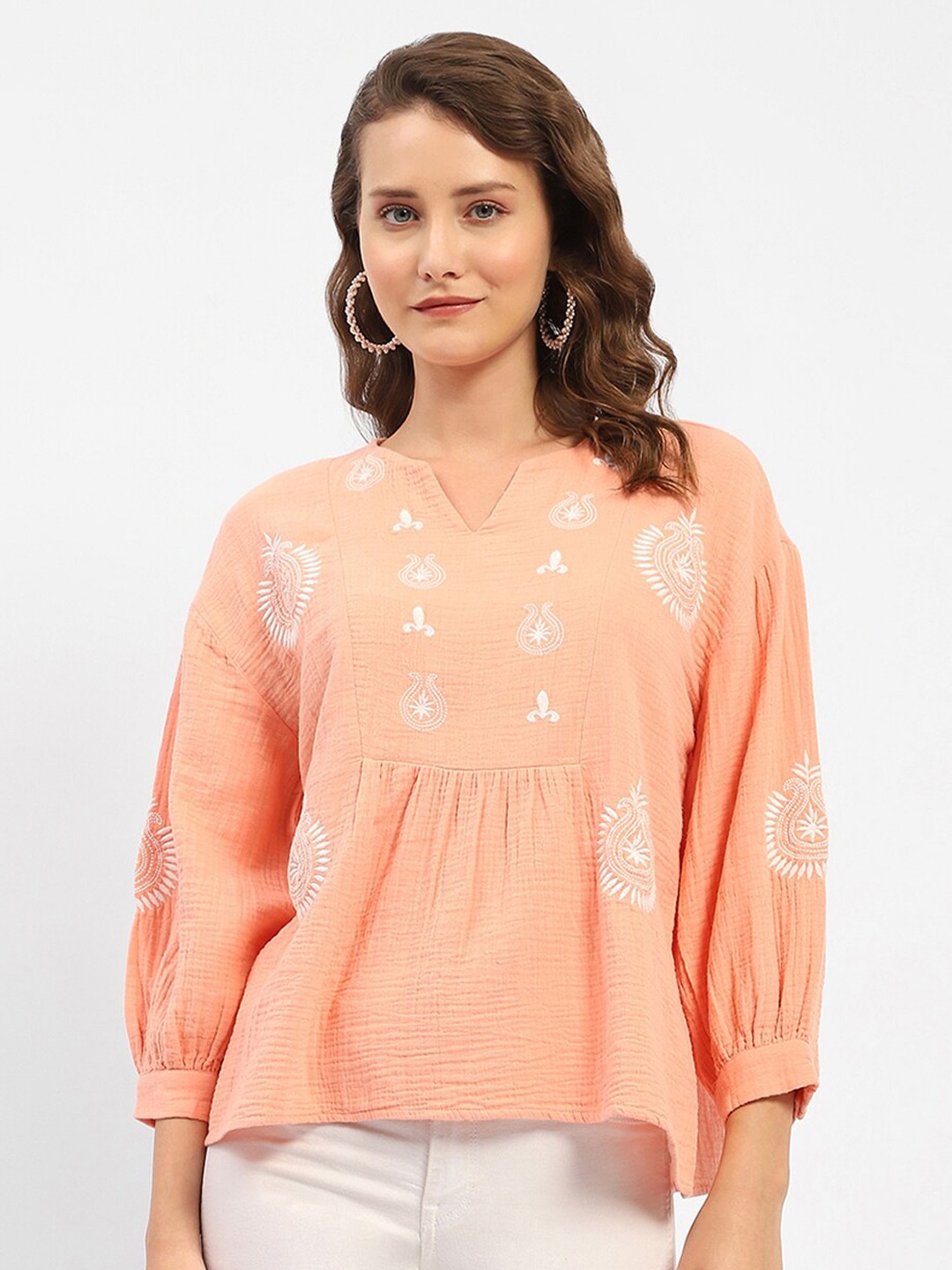 

Madame Floral Embellished Cotton Top, Peach