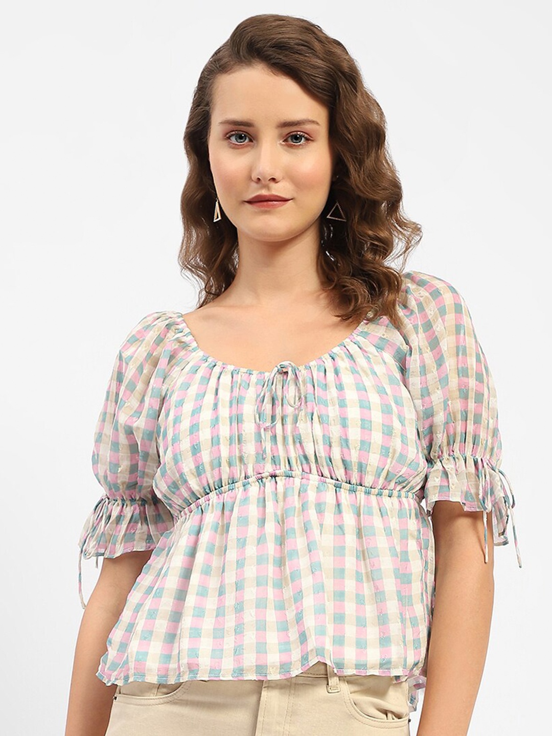 

Madame Checked Tie-Up Neck Cinched Waist Top, Pink