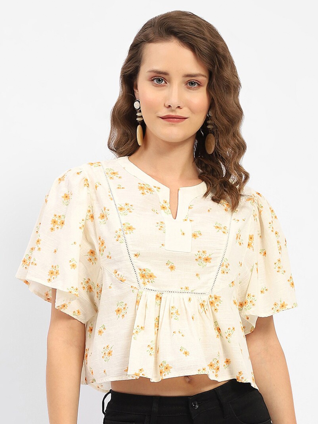 

Madame Floral Printed Flared Sleeve Cotton Crop Top, Beige