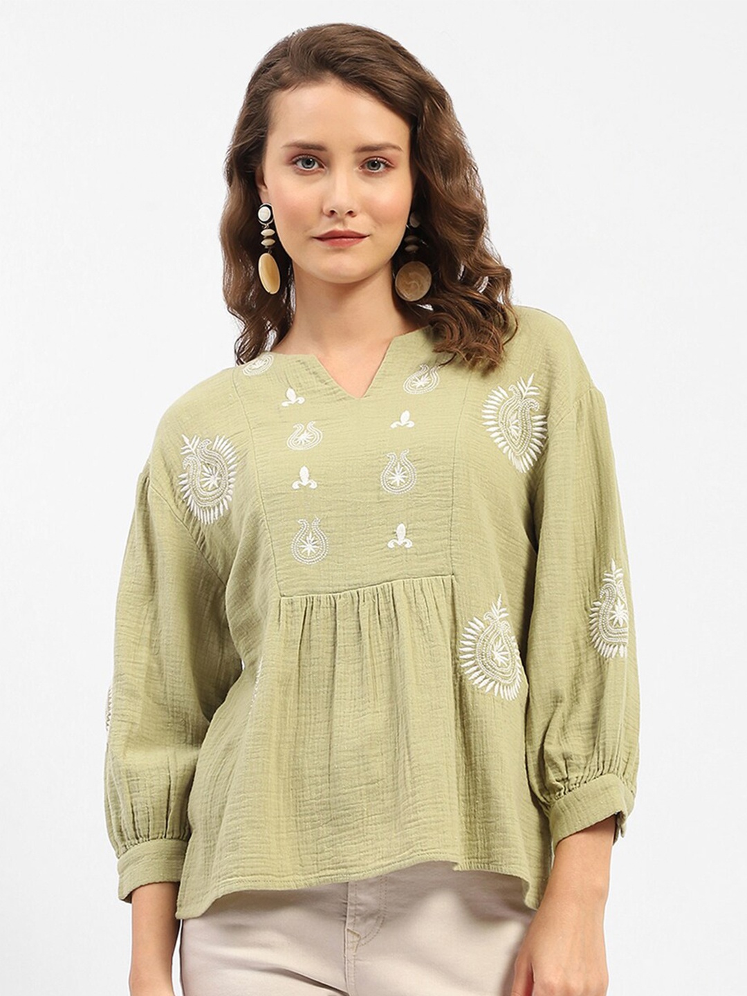 

Madame Mandarin Collar Gathered Cotton Empire Top, Green