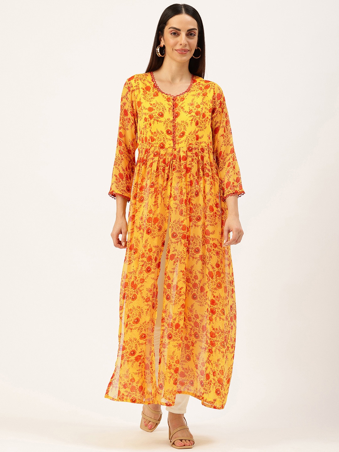 

ROVING MODE Floral Print Georgette Maxi Longline Top, Yellow