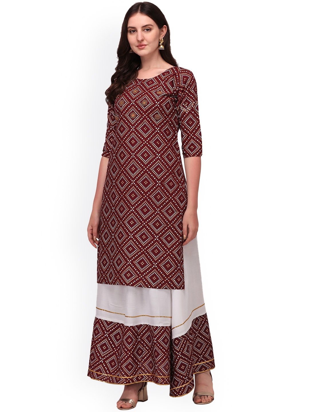 

BERISTON Geometric Printed Regular Straight Kurta With Sharara, Maroon