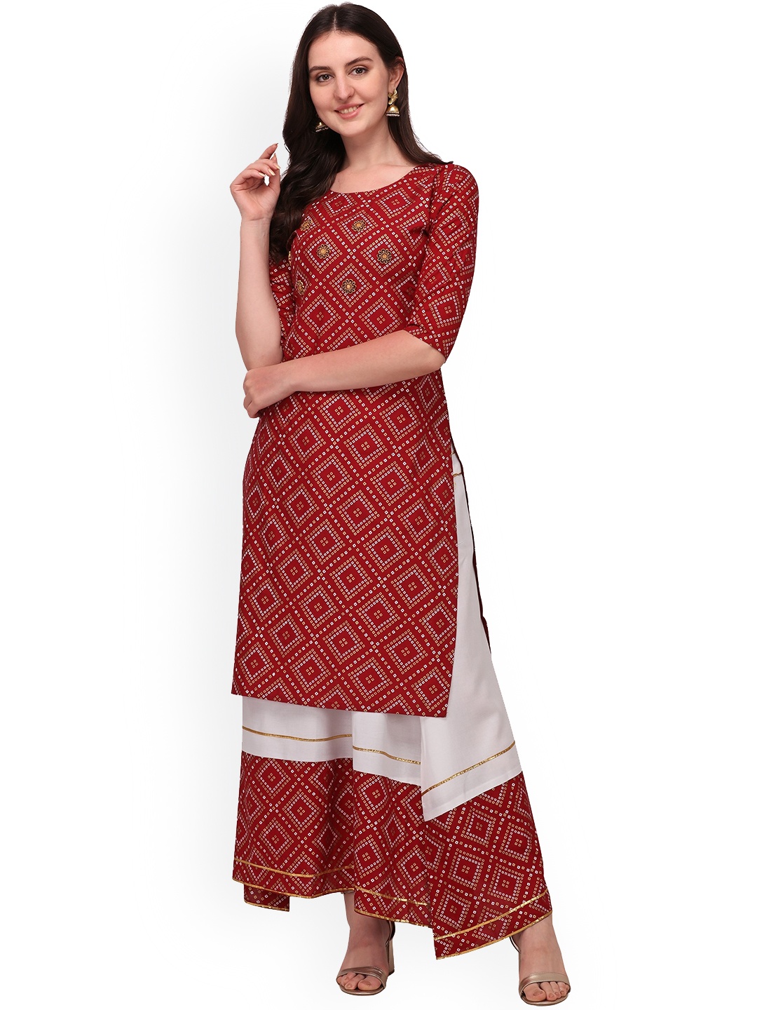 

BERISTON Geometric Printed Round Neck Regular Straight Kurta & Sharara, Maroon