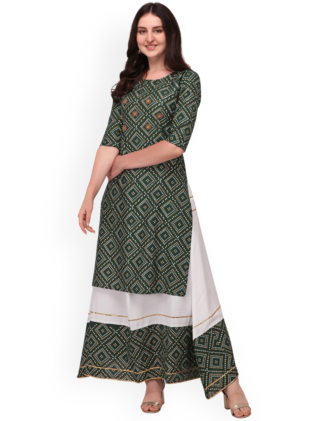 

BERISTON Bandhani Printed Regular Straight Kurta & Sharara, Green