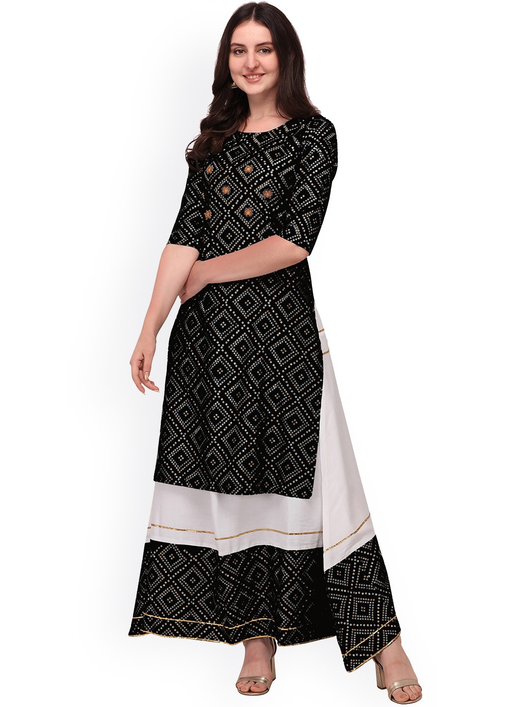 

BERISTON Geometric Printed Regular Straight Kurta & Sharara, Black