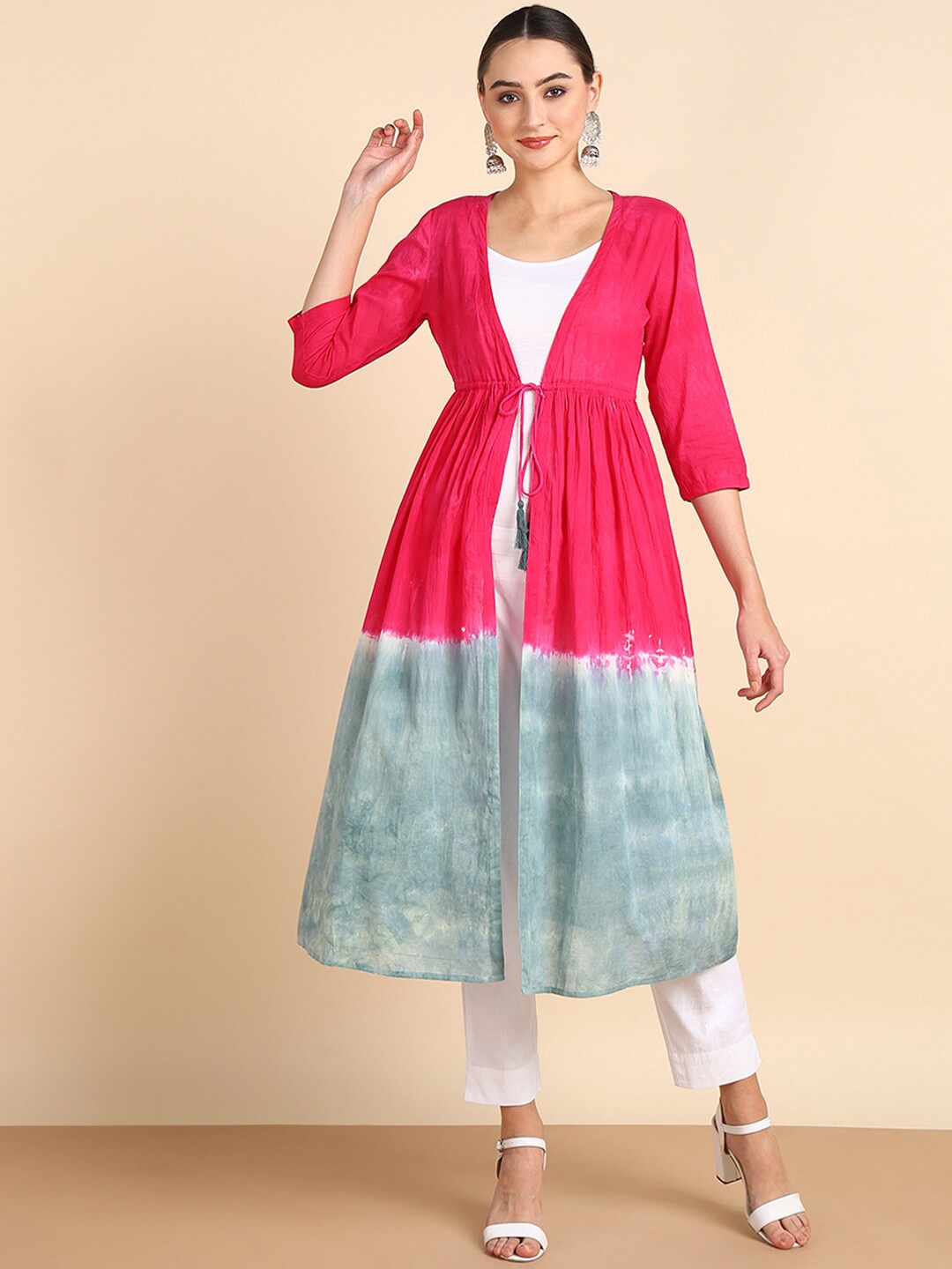 

Maaesa Tie and Dye Dyed A-Line Midi Front Open Cape Dress, Pink