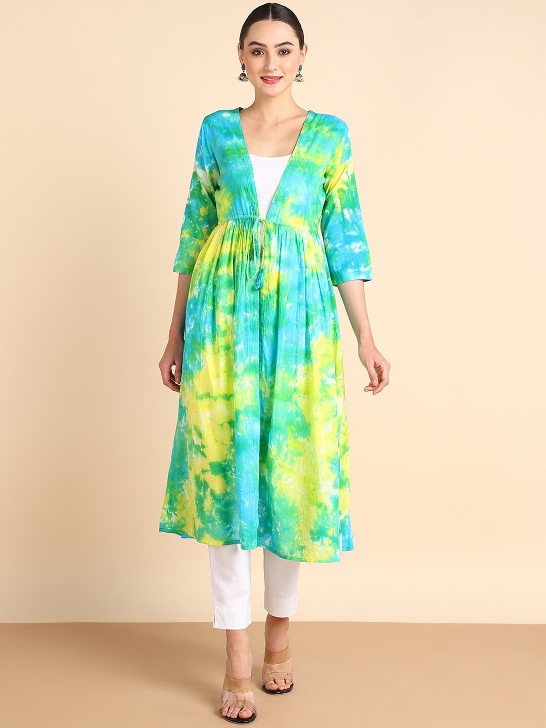 

Maaesa Abstract Print V-Neck A-Line Midi Dress, Green