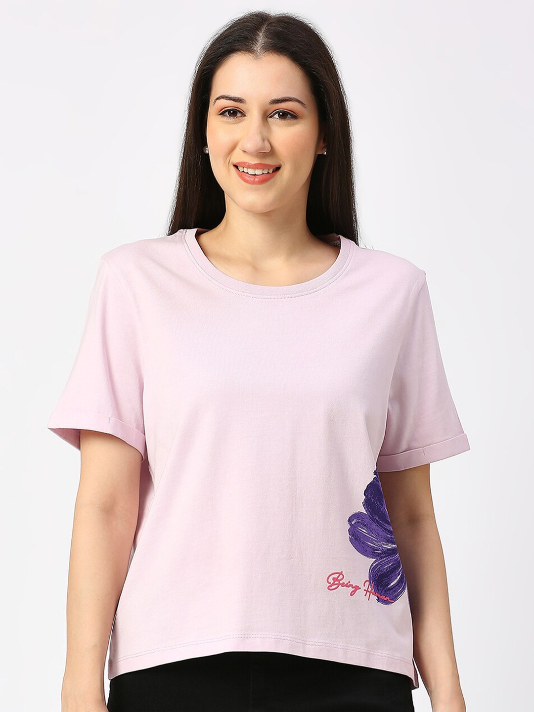 

Being Human Round Neck Drop-Shoulder Boxy Fit Cotton T-shirt, Pink