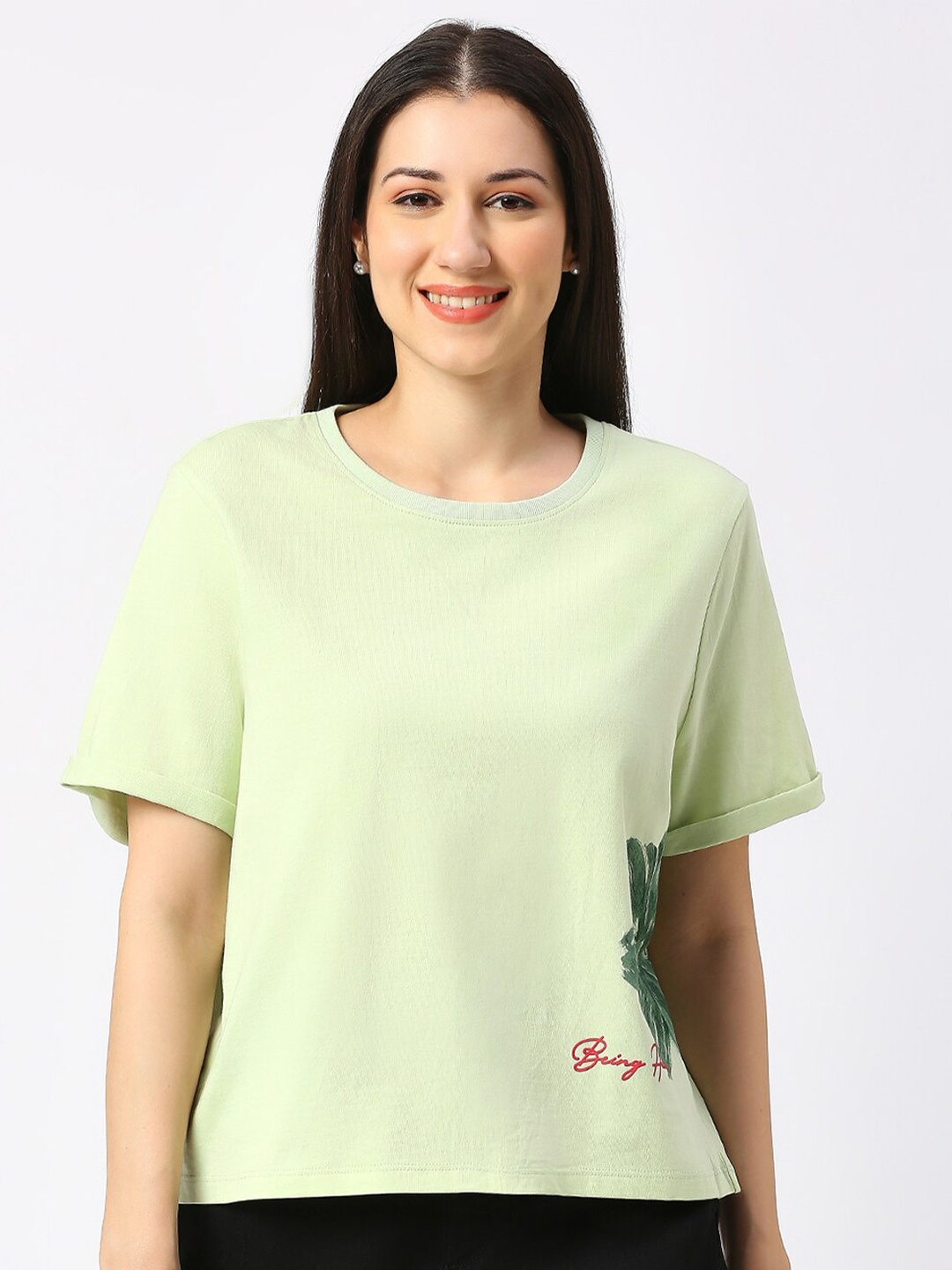 

Being Human Drop-Shoulder Round Neck Boxy Fit Cotton T-shirt, Green