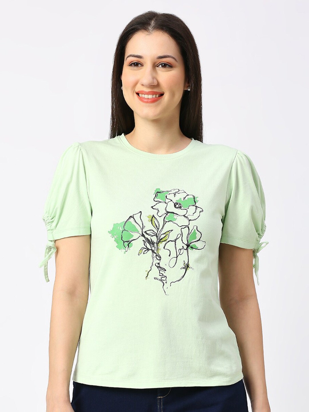 

Being Human Floral Printed Round Neck Puff Sleeves Cotton T-shirt, Green