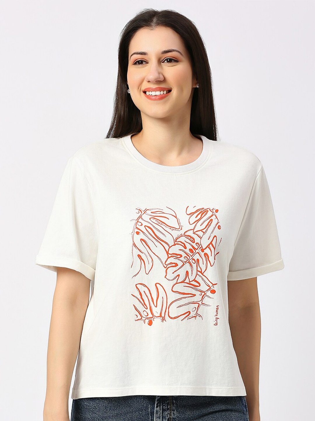 

Being Human Floral Printed Round Neck Drop-Shoulder Relaxed Fit Cotton T-shirt, White