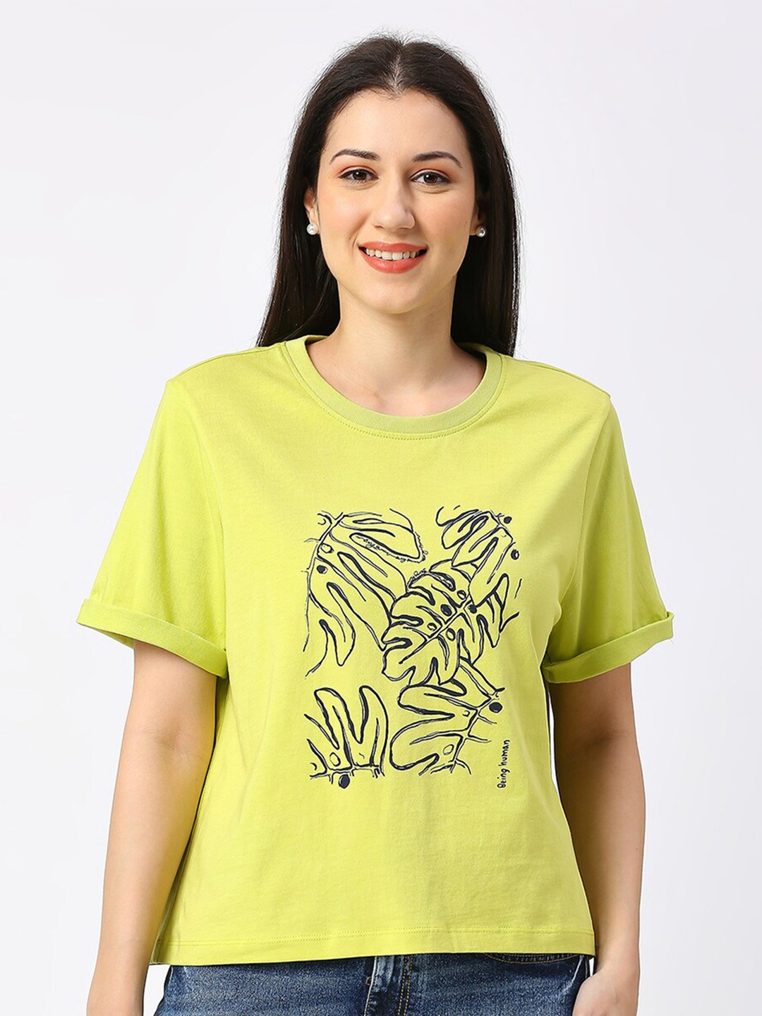 

Being Human Floral Printed Drop-Shoulder Relaxed Fit Cotton T-shirt, Yellow