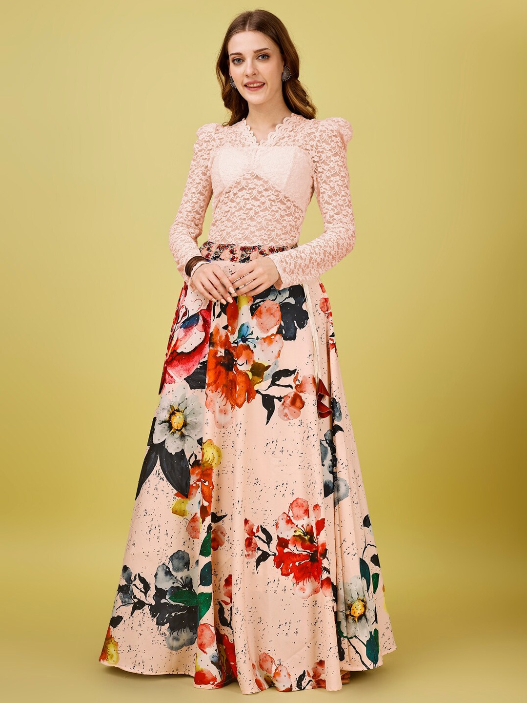 

SAPTRANGI Floral Print Flared Maxi Skirts, Peach