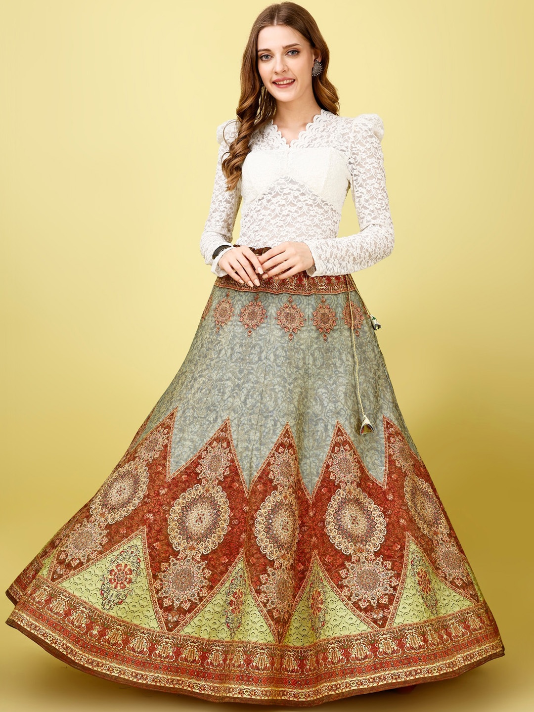 

SAPTRANGI Ethnic Motifs Printed Flared Maxi Skirt, Grey