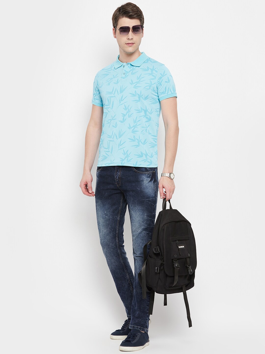 

OGEN Men Floral Printed Polo Collar Tropical T-shirt, Blue