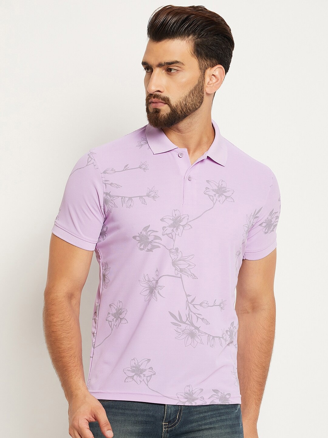 

OGEN Men Floral Printed Polo Collar Pockets T-shirt, Lavender