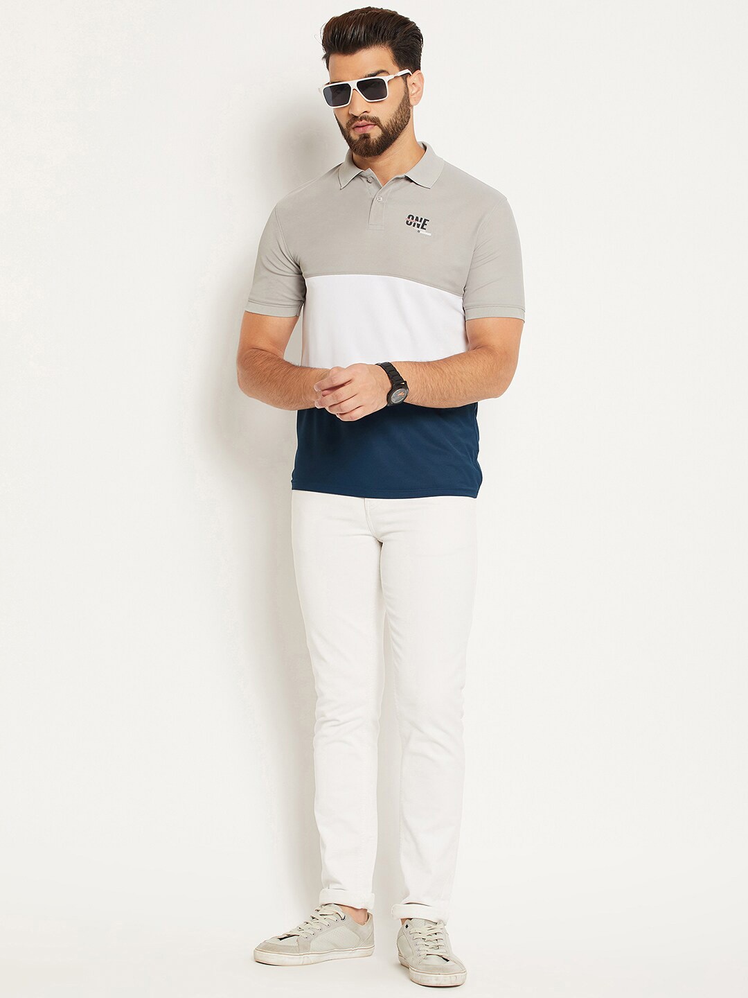 

OGEN Men Colourblocked Polo Collar T-shirt, Grey