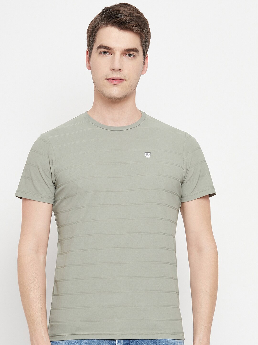 

OGEN Striped Round Neck Short Sleeves Cotton Casual T-shirt, Green