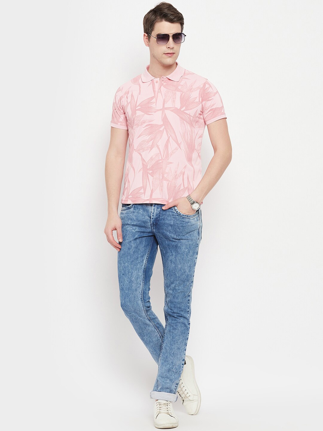 

OGEN Abstract Printed Polo Collar Cotton T-shirt, Pink