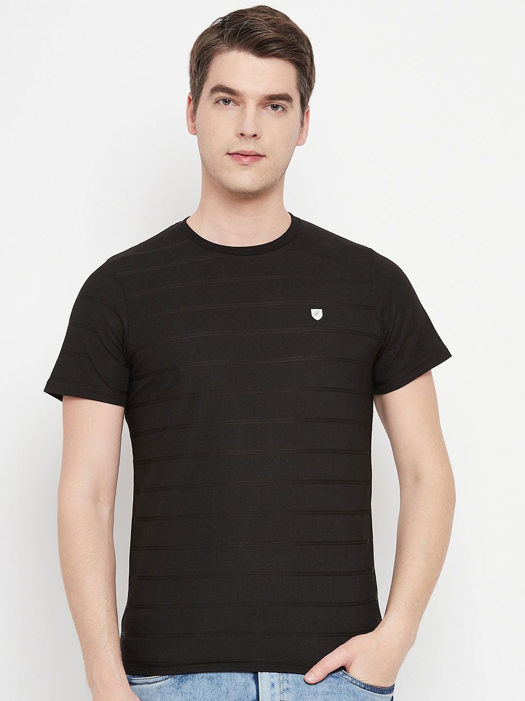 

OGEN Striped Round Neck Short Sleeves Cotton T-shirt, Black
