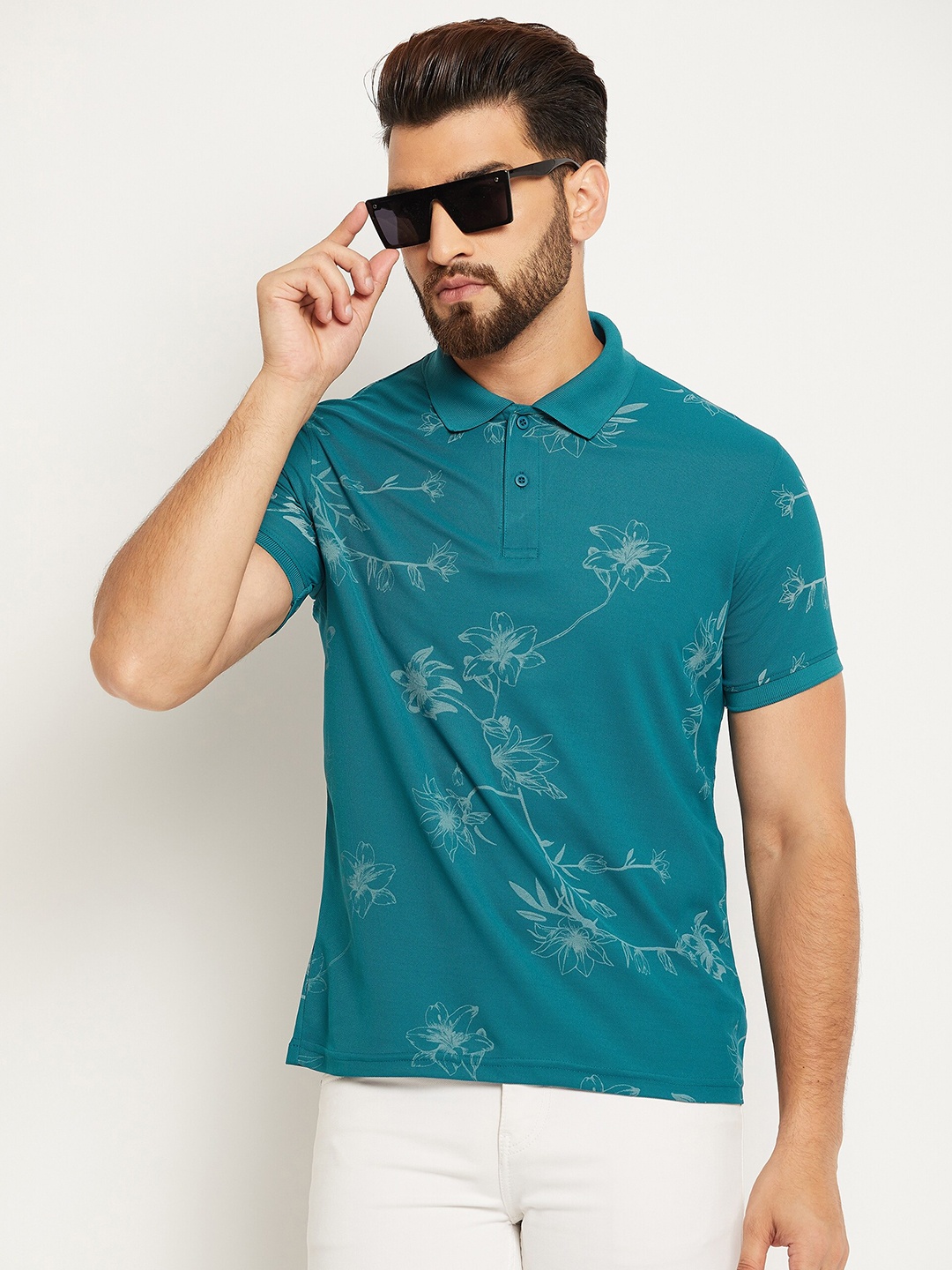 

OGEN Floral Printed Polo Collar Short Sleeves Cotton T-shirt, Teal
