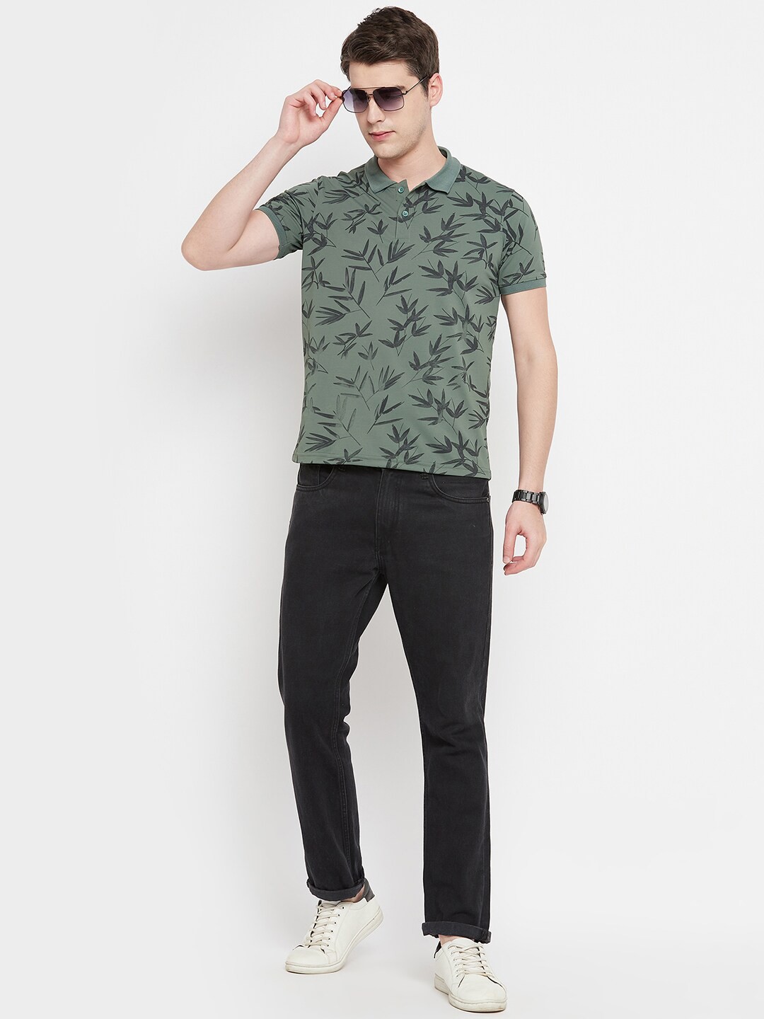 

OGEN Floral Printed Polo Collar Short Sleeves Cotton Casual T-shirt, Green
