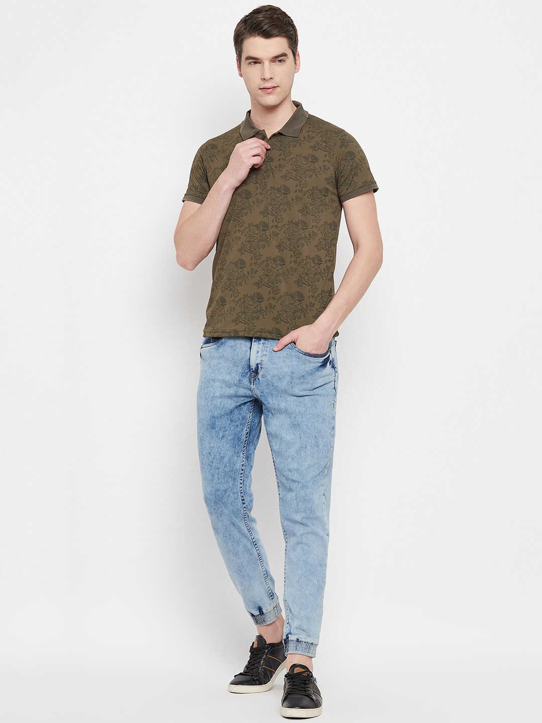 

OGEN Men Floral Printed Polo Collar T-shirt, Olive