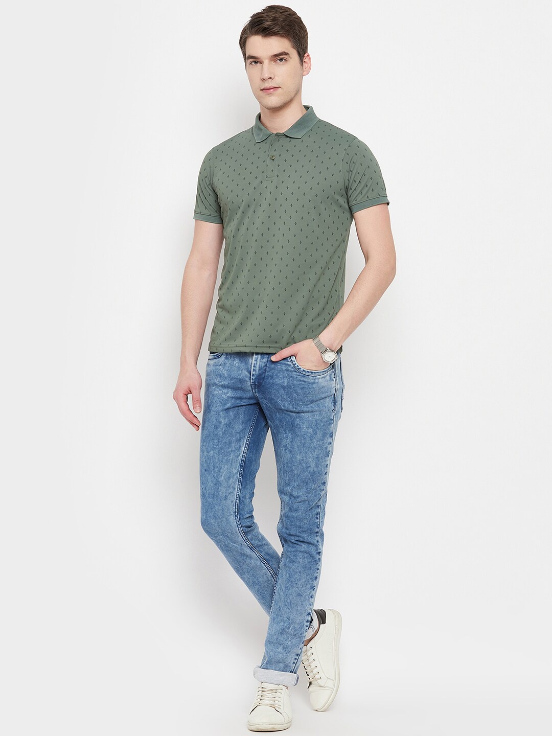 

OGEN Printed Polo Collar Cotton T-shirt, Green