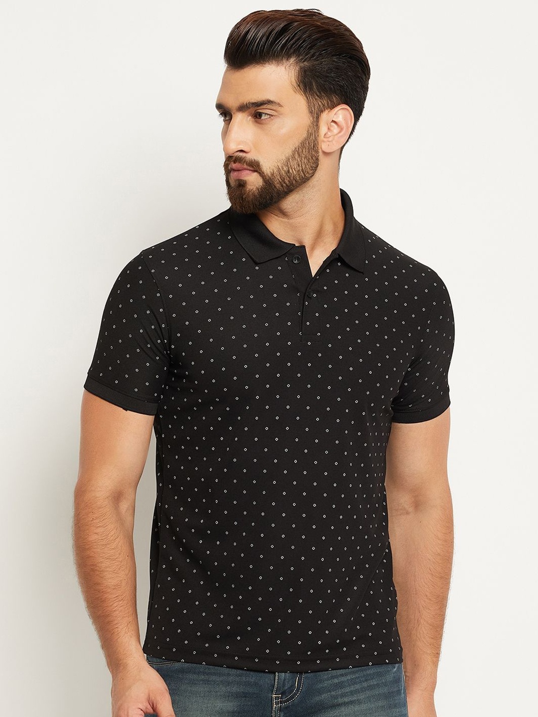 

OGEN Geometric Printed Polo Collar Short Sleeves Casual T-Shirt, Black