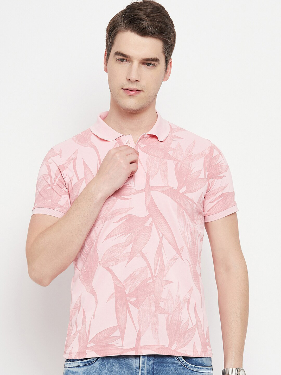 

OGEN Floral Printed Polo Collar Short Sleeves Cotton T-shirt, Pink