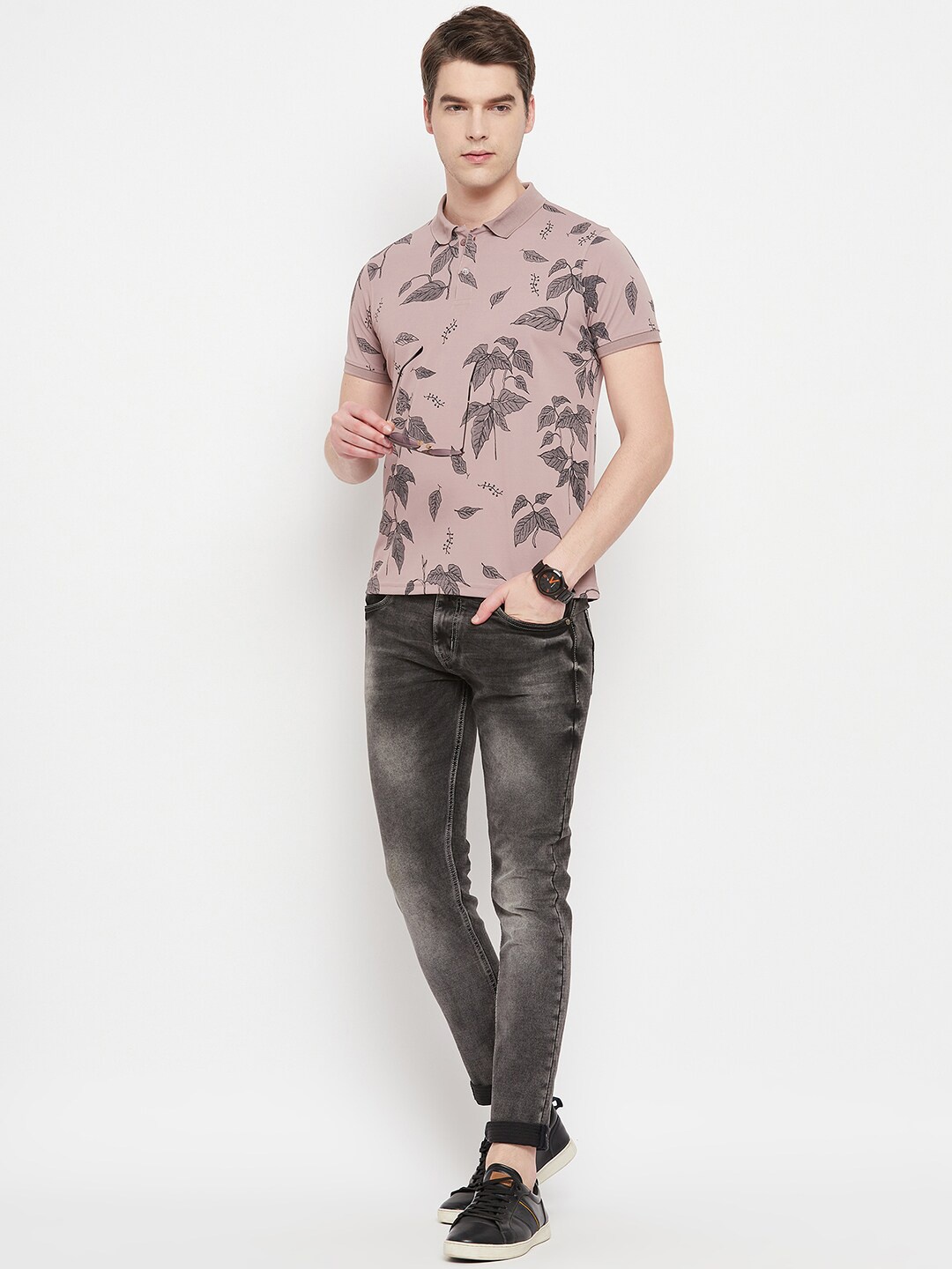 

OGEN Men Floral Printed Polo Collar T-shirt, Peach