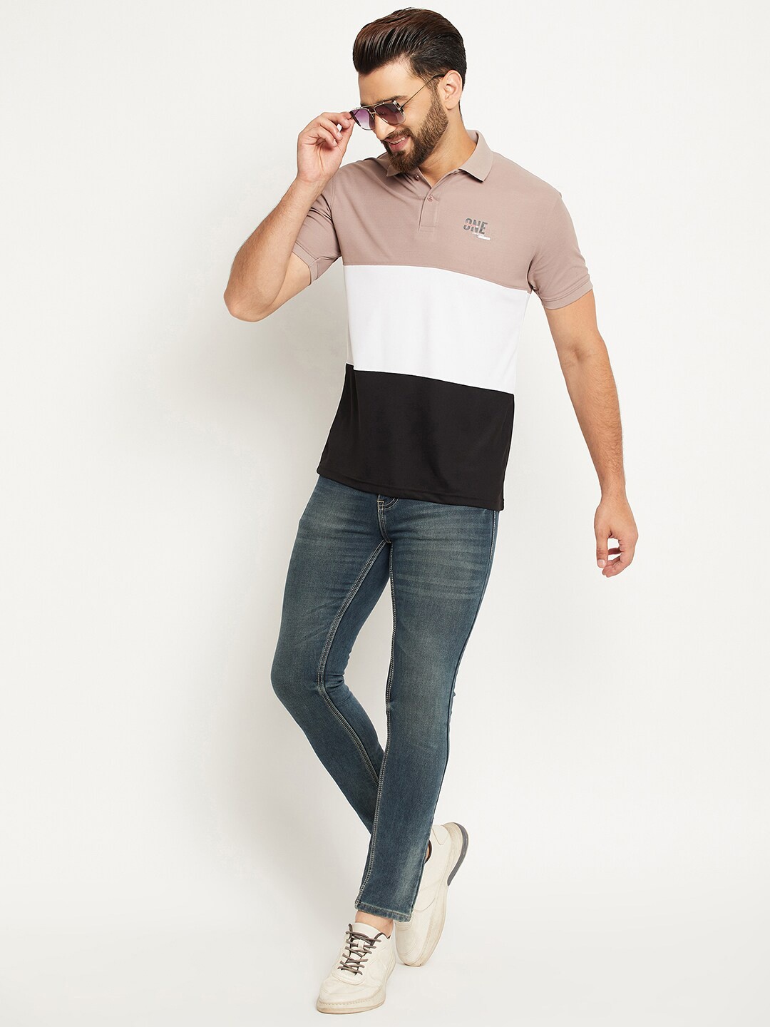 

OGEN Colourblocked Short Sleeves Polo Collar T-shirt, Peach